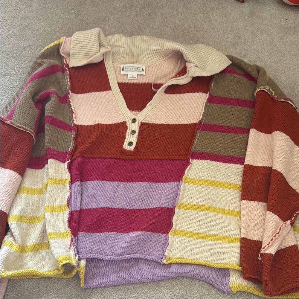 Anthropologie Cream and Red V-Neck Sweater